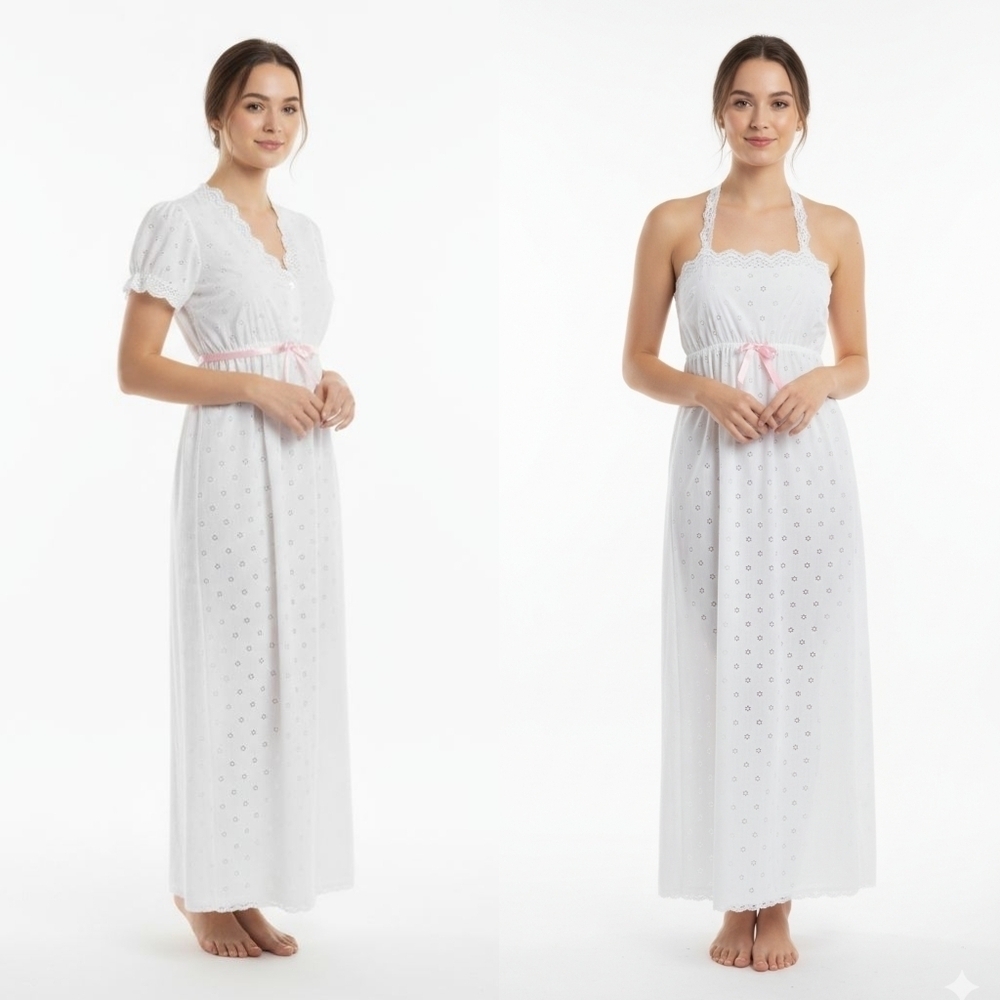 Vintage Sears White and Pink Eyelet Night Gown Robe Belted Small